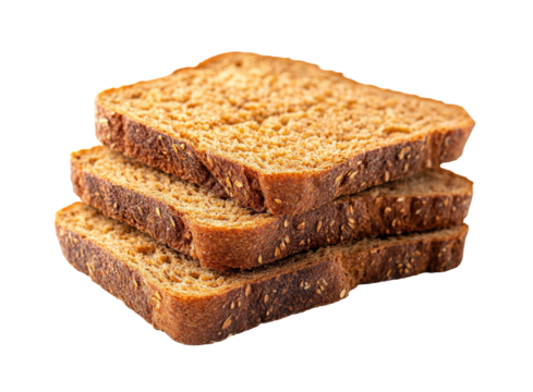 Stack of toasted whole grain bread slices with golden crust, isolated on transparent background, healthy breakfast, baked wheat, fiber-rich, crunchy toast, natural ingredients