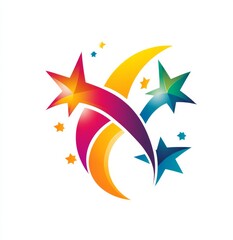 Abstract logo for a graphic designer featuring three stars made of point particles, art deco-inspired design with clean lines, pastel colors, and a minimalistic approach on a white background