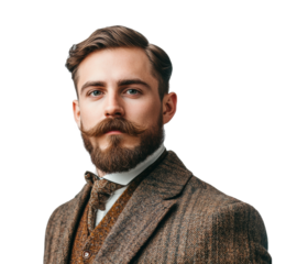 Handsome young gentleman with mustache and vintage attire poses confidently. Isolated on transparent background, png.