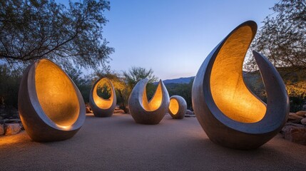 Sculptural installations illuminated in a desert setting.