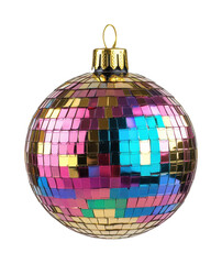 Disco ball bauble with colorful mirrored tiles reflecting pink, blue, and gold shades, festive party ornament, celebration accessory isolated on transparent background