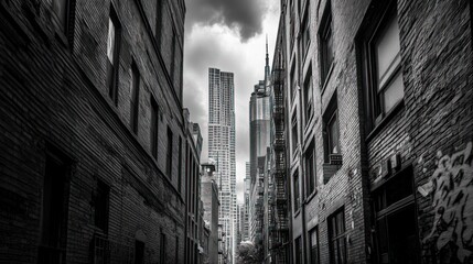 Obraz premium Urban alley with skyscrapers in monochrome.
