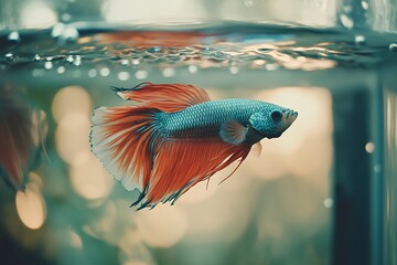 Orange and blue betta fish swimming underwater.