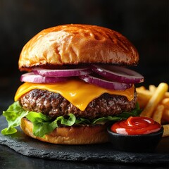 Delicious cheeseburger and fries restaurant kitchen food photography dark environment close-up view culinary delight