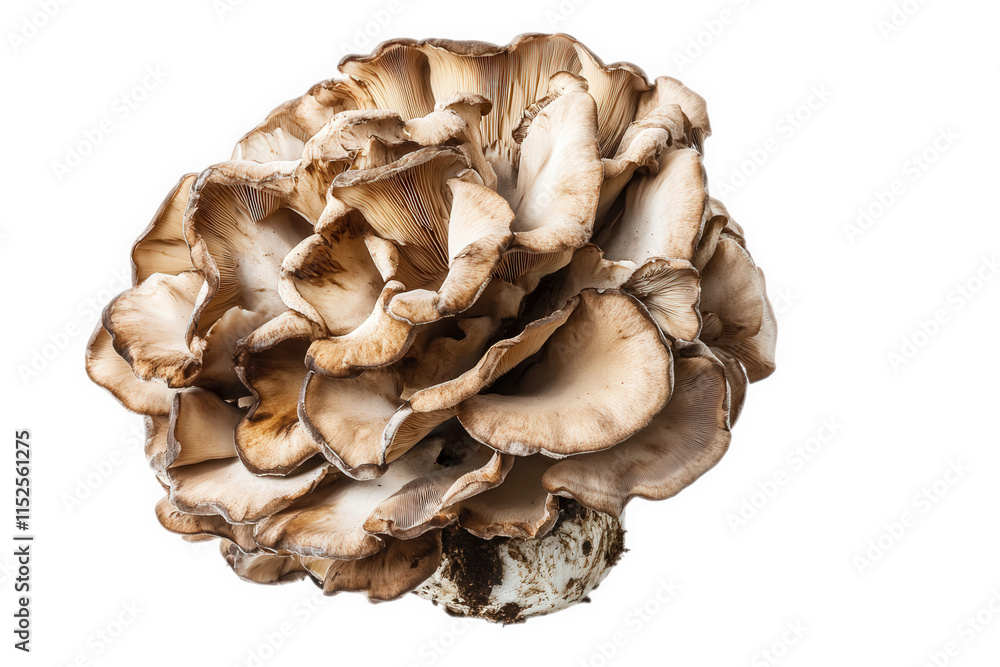 Poster a single. fresh maitake mushroom isolated on a transparent background it has a brown. ruffled cap wi
