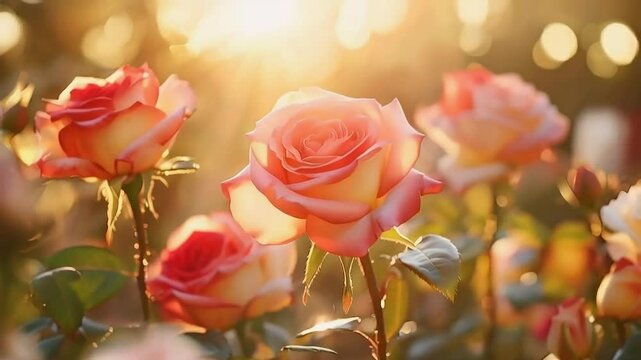 Peach and pink roses blooming in warm sunlight.