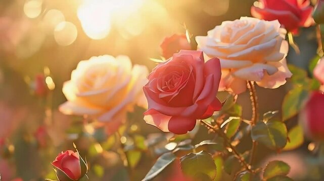 Peach and pink roses blooming in warm sunset.