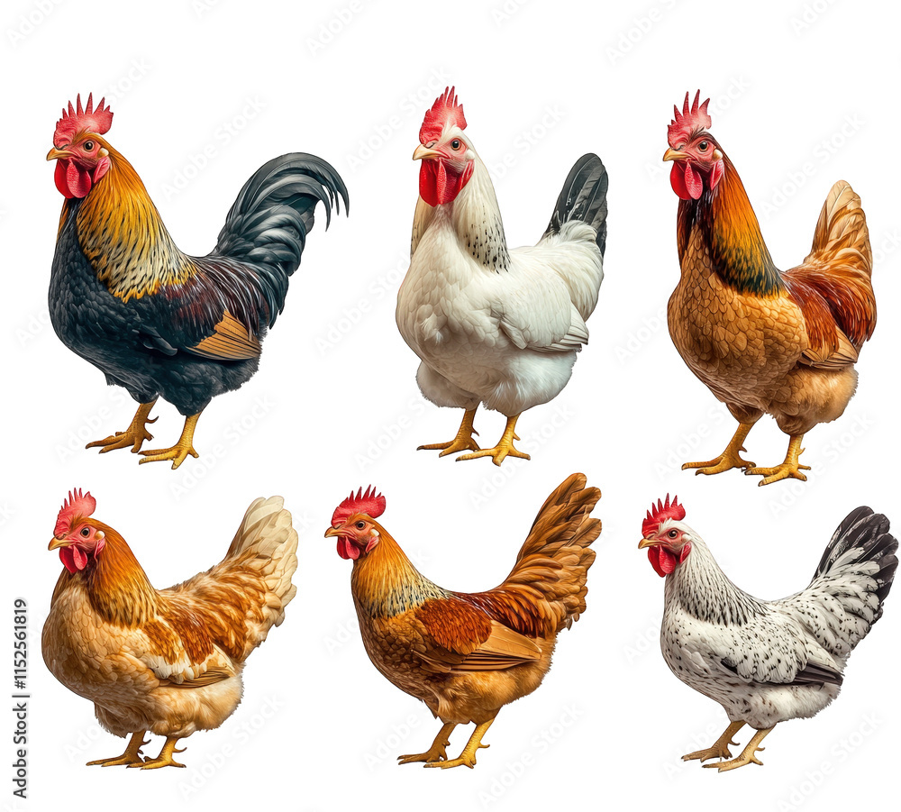 Poster a collection of six chickens and roosters. each with unique plumage and markings they are isolated a