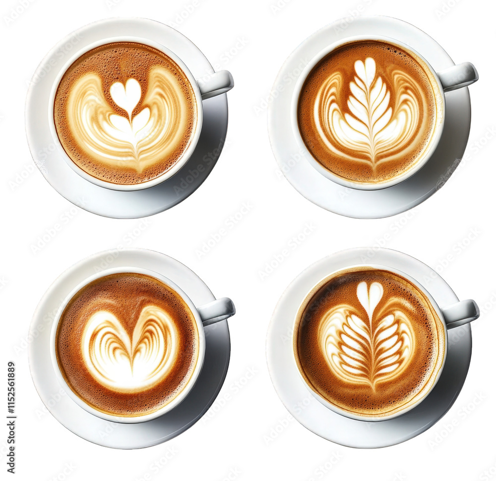 Poster four cups of coffee with latte art. two with a heart design and two with a leaf design