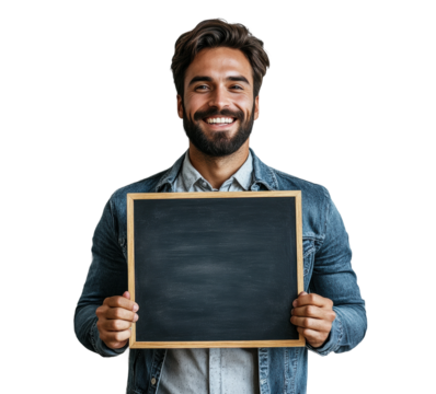 Smiling man holding blank chalkboard in wooden frame, customizable copy space for text, education, announcement, or message concept isolated on transparent background