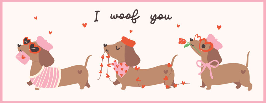 Group of Cute Valentine Dachshund Dog delivery love Retro Cartoon Illustration Banner Greeting Card Printable