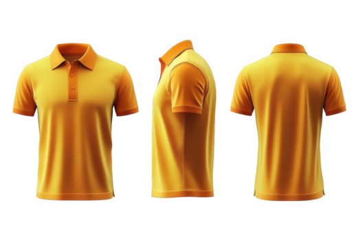 yellow polo shirt mockup with three different angles front. side. and back the shirt has a classic collar and short sleeves it is isolated on a transparent background with a shadow below