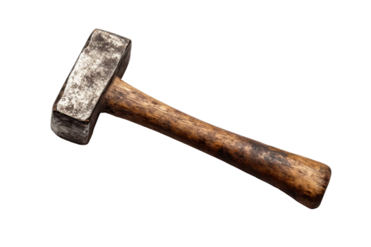 Rustic metal hammer with wooden handle, vintage construction or woodworking tool, durable and sturdy, isolated on transparent background