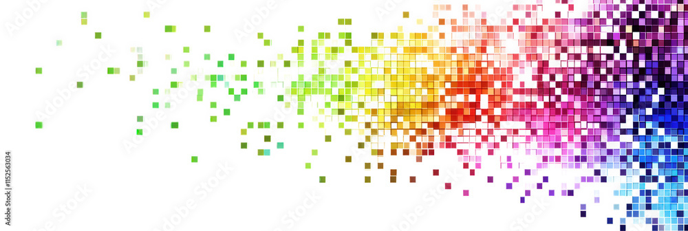 Poster abstract rainbow pixelated background with scattered squares and a white backdrop
