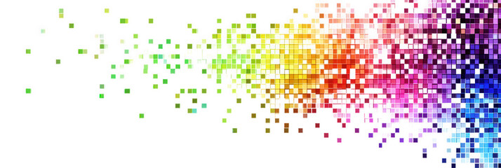 abstract rainbow pixelated background with scattered squares and a white backdrop