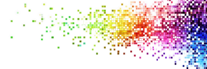 abstract rainbow pixelated background with scattered squares and a white backdrop