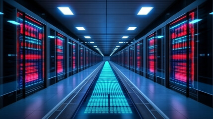 A high-tech digital data transfer concept with vibrant lights and depth showcasing network abilities, technological processes, digital storages, and scientific advancements in a blurred bright tone ba