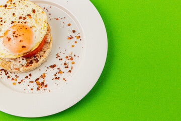 Delicious egg on bread with tomato and cheese on a plate on a green background