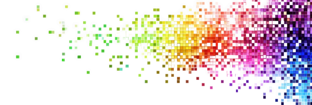 abstract rainbow pixelated background with scattered squares and a white backdrop