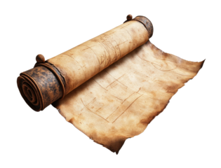 Aged parchment scroll with curled edges, textured antique paper for historical documents, vintage blank manuscript background for writing or design isolated on transparent background