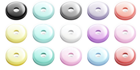 an assortment of colorful round plastic buttons with a hole in the center. arranged in a grid pattern on a transparent background