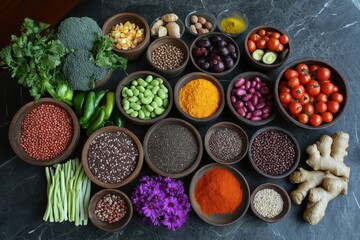 Colorful assortment of healthy ingredients in bowls.