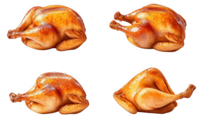 four roasted chickens isolated on a transparent background the chickens are roasted to a golden brown and have a crispy skin they are arranged in different poses. showing off their deliciousness
