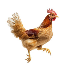 Fototapeta premium Brown chicken with wings spread mid-flight, feather details, farm animal for agricultural themes, natural movement, rural farming lifestyle isolated on transparent background