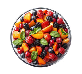 Bowl of colorful fresh fruit salad with mint leaves, vibrant mix of strawberries, blueberries, raspberries, and mangoes, healthy dessert isolated on transparent background