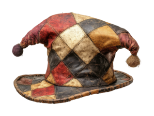 Old colorful jester hat with worn leather texture, medieval harlequin cap, vintage patchwork headwear, antique joker costume accessory, and festive design isolated on transparent background