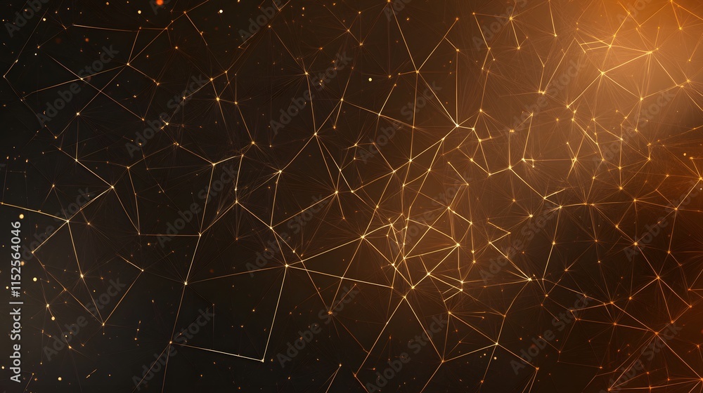 Poster abstract network: golden lines and nodes on dark brown background
