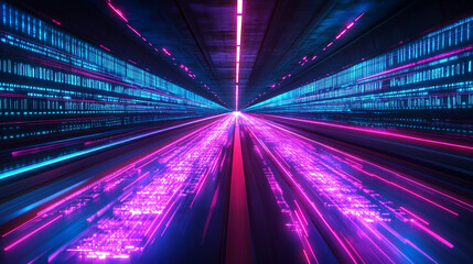 A high-tech digital data transfer concept with vibrant lights and depth showcasing network abilities, technological processes, digital storages, and scientific advancements in a blurred bright tone ba