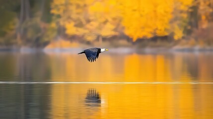 Fototapeta premium Majestic bald eagle soars over tranquil lake autumn reflections nature photography serene environment aerial view wildlife conservation