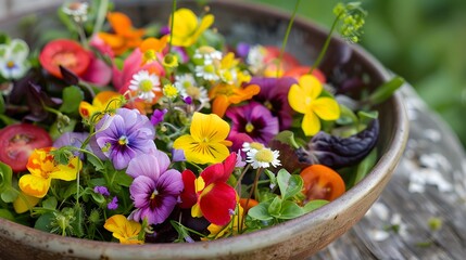 Obraz premium A vibrant and colorful garden salad filled with fresh greens, a variety of vegetables, and a light vinaigrette, offering a healthy and refreshing meal option.