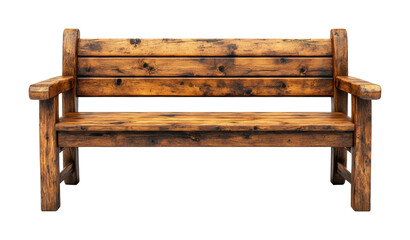 Rustic wooden park bench, classic outdoor seating with natural texture, durable garden furniture for patio, yard, or park settings isolated on transparent background