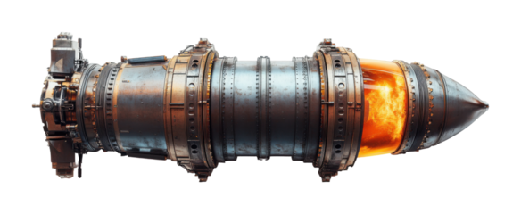 Thruster design showcasing detailed engineering and fiery propulsion system for advanced aerospace applications. Isolated on transparent background, png.