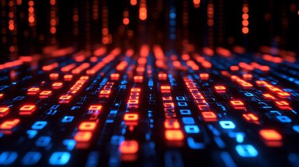 A high-tech digital data transfer concept with vibrant lights and depth showcasing network abilities, technological processes, digital storages, and scientific advancements in a blurred bright tone ba