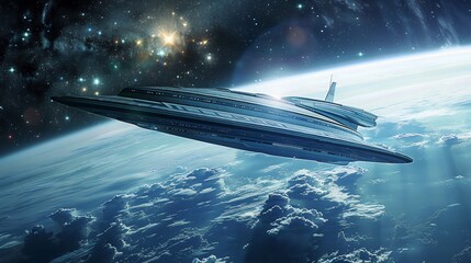 Fototapeta premium Spaceship above Earth: A Futuristic Journey Through the Cosmos