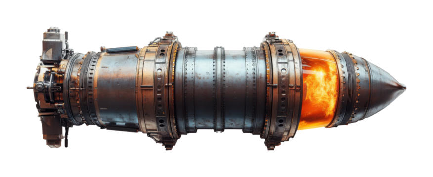 Thruster design showcasing detailed engineering and fiery propulsion system for advanced aerospace applications. Isolated on transparent background, png.