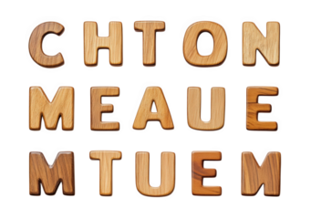 wooden alphabet letters spelling out the words 'chton meauem mtuem' in a playful. random arrangement