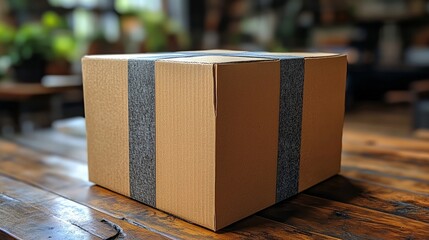 Brown Cardboard Box with Stripes on a Rustic Wooden Surface