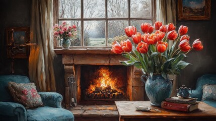 A cozy room with a fireplace, vibrant tulips, and a serene outdoor view.