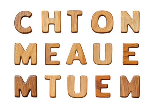 wooden alphabet letters spelling out the words 'chton meauem mtuem' in a playful. random arrangement