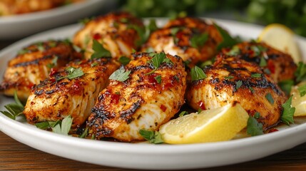 Grilled fish fillets with lemon and parsley.