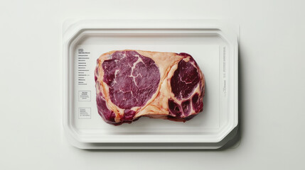 Obraz premium A high-quality photograph of a premium steak package, the meat has a vibrant golden marbling effect with subtle purple hues on the edges, encased in a sleek white tray with modern, minimalist label de