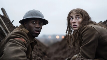 Two World War I soldiers in a muddy trench looking tense during battle