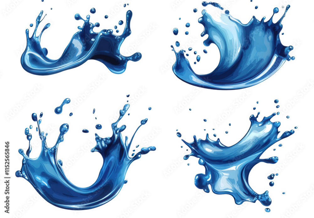 Poster four isolated splashes of blue liquid on a transparent background the splashes are dynamic and have 
