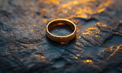Golden wedding band on dark stone.