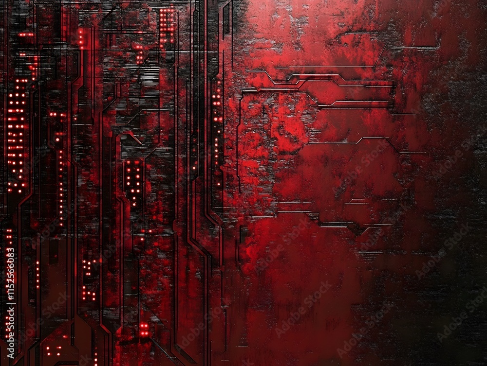 Poster abstract red and black digital circuit design with glowing elements.