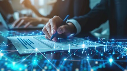 Digital Transformation: Businessperson Signing Contract with Futuristic Network Overlay